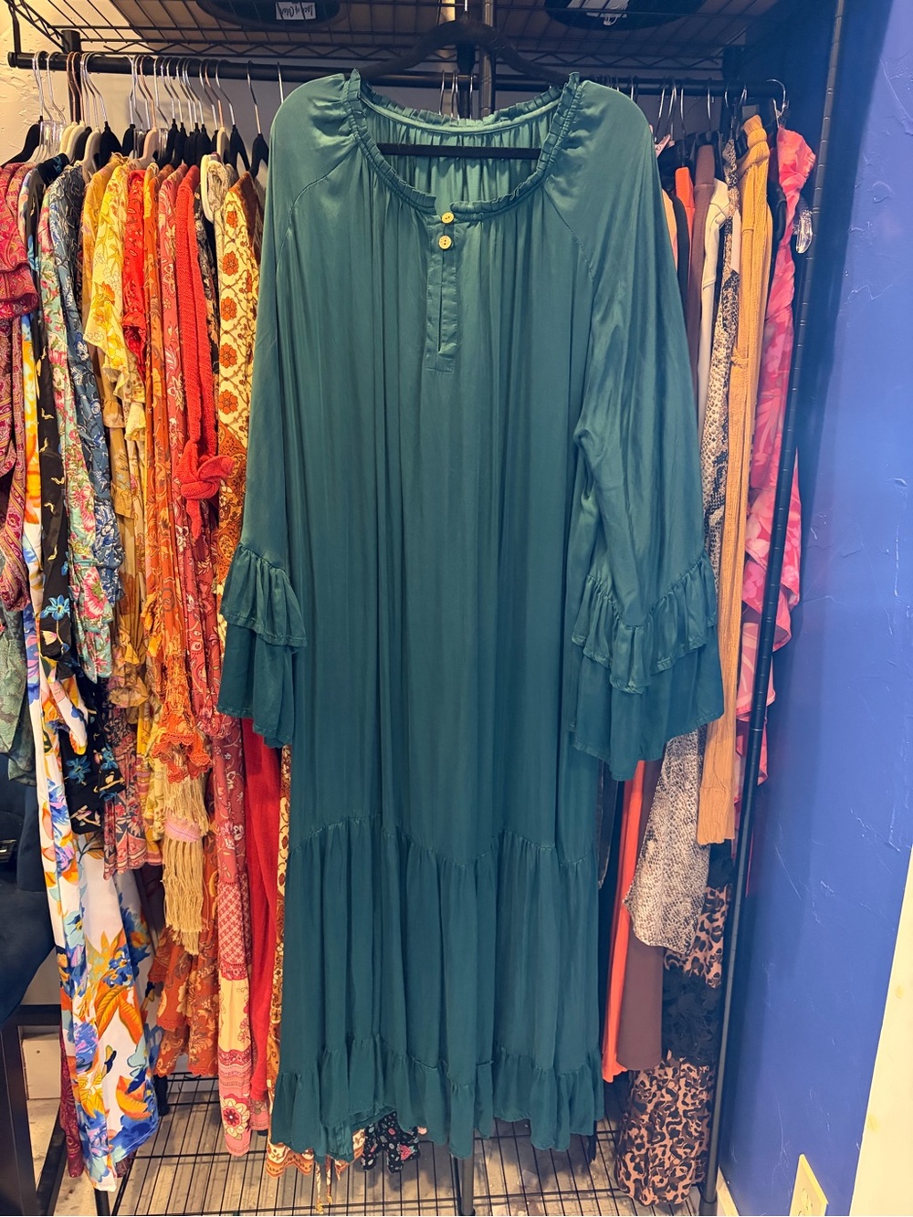 Kantha Bae silk Maxi Dress in emerald Green